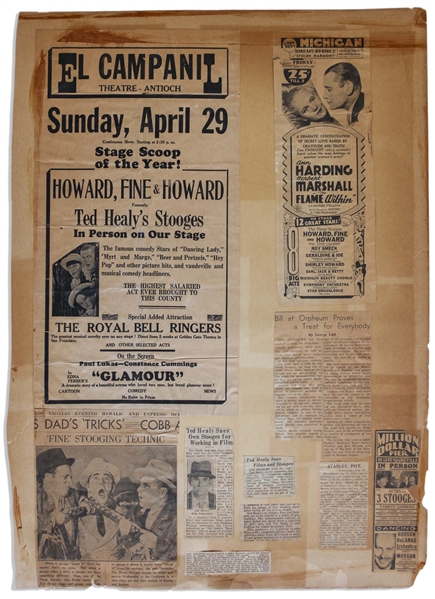 Howard, Fine & Howard Poster From 1933/4, Glued to 18'' x 24'' Scrapbook Sheet With Moe's News Clippings From 1934-36, Including Clip of Ted Healy Suing the Stooges -- Toning & Chipping, Overall Good